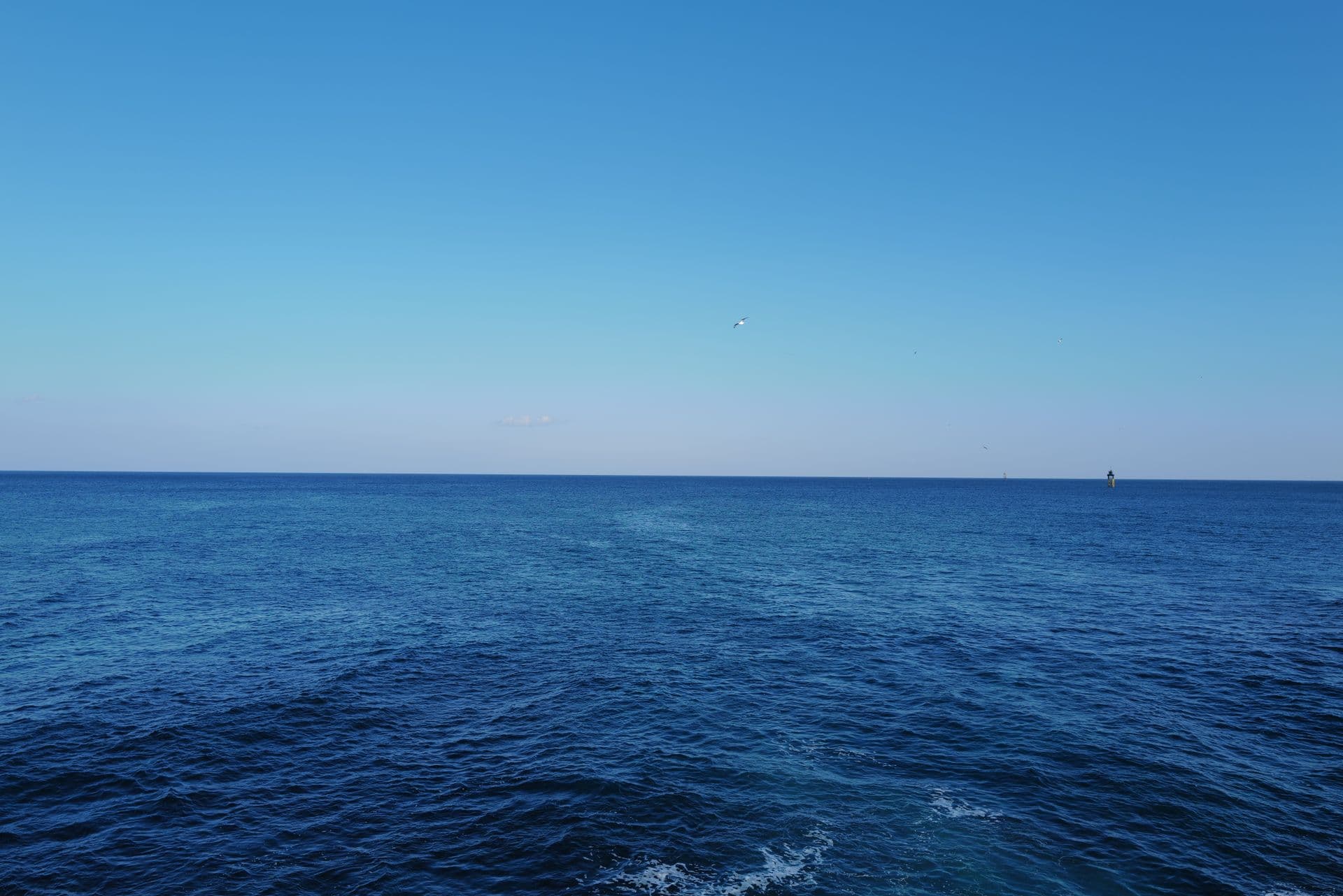 Calm ocean under a clear blue sky, with a distant silhouette on the horizon